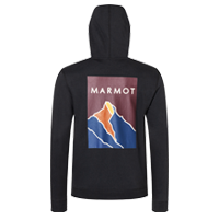 back of black hoodie with large square Marmot logo