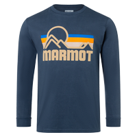front of long sleeved blue shirt with retro mountain range and Marmot logo