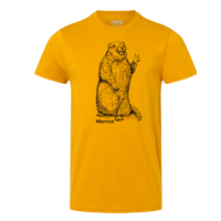 front of yellow t shirt with picture of a marmot giving a peace sign
